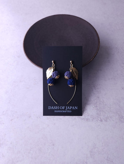 Flower Drop Earrings handmade with Japanese Mizuhiki, Dark Blue and Blue Gray