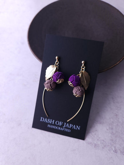 Flower Drop Earrings handmade with Japanese Mizuhiki, Purple and Brown