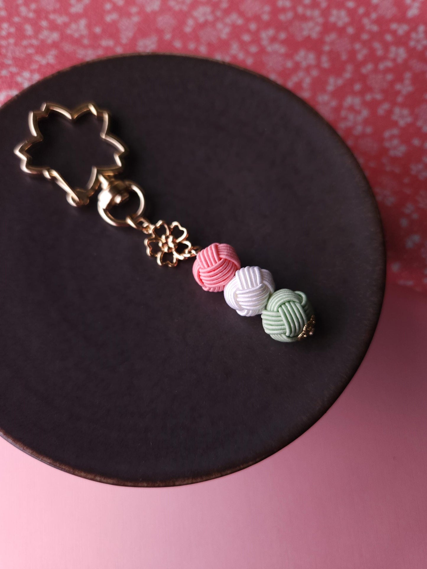 Three-color Hanami Dango Dumpling Keychain made with Japanese Mizuhiki Paper Cord